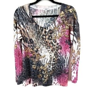 Caché printed rhinestone long sleeve top size L
